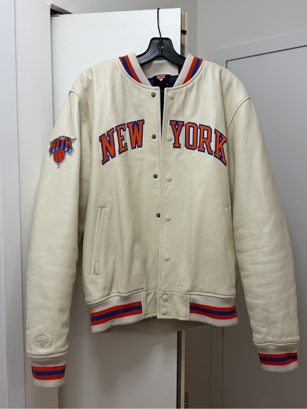 Kith New York Cream Leather Bomber Jacket with Orange & Blue Trim